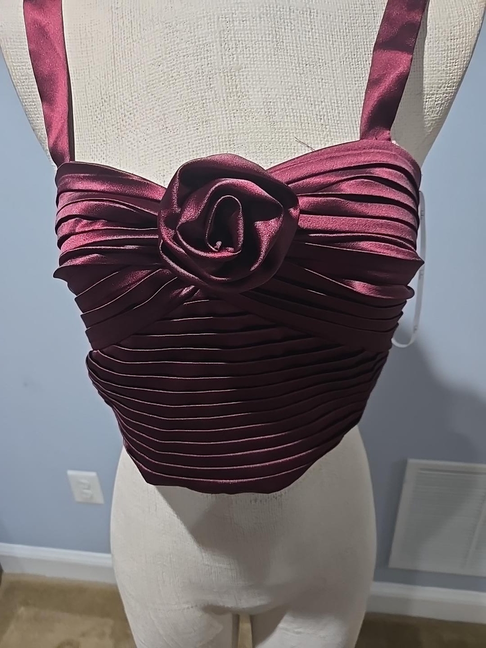 Lulu's Satin Rose-Front Burgundy Crop Top - Picture 2 of 6